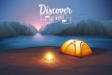 Wall Mural - discover the world poster, night landscape with tent.