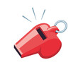 Red sport coaches whistle icon isolated.