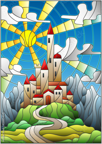 Plakat na zamówienie Illustration in stained glass style landscape with old castle on the background of sky, sun and mountains