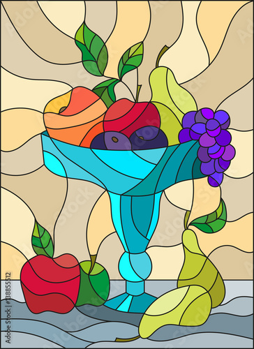 Obraz w ramie Illustration in stained glass style with still life, fruits and berries in a blue vase