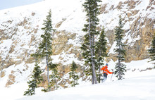 Skier Descending Snowy Slope By Trees And Mountains 