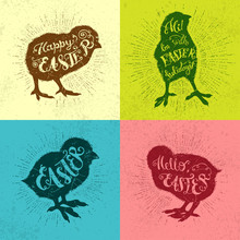 Easter Vector Vintage Set With Phrase And Chicks