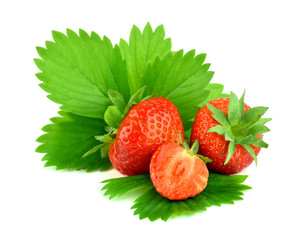 Red berries of a strawberry with leaves, isolated.