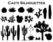 Black silhouettes of cactuses, agave, joshua tree, and prickly pear. Vector illustration