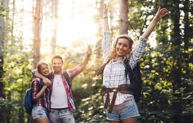 Wall Mural - beautiful woman and friends hiking in forest