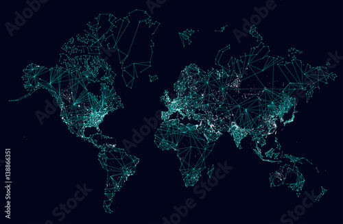 World map abstract internet connection, light urban communications