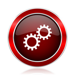 Aufkleber - Gear red round glossy vector web icon. Circle modern design chrome metal border abstract sign for smartphone applications