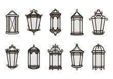 Vector Vintage Lantern Set Isolated On White. Classic Antique Light. Ancient Retro Lamp Design. Traditional Silhouette. Old Graphic Object Design. Elegant Collection.