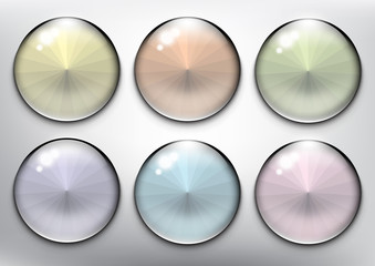 Wall Mural - Abstract vector web buttons set of 6. Isolated with realistic, transparent glass shine and shadow on the light background. Vector illustration. Eps10.