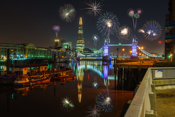 Sticker - Tower bridge with fireworks. Celebration of the new year in London