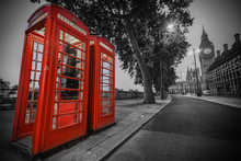 Traditional Red Phone Booth In London With The Big Ben In The Background