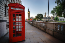 Traditional Red Phone Box In London With The Big Ben In The Background