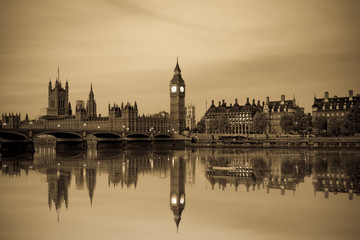 Vintage picture of London Big Ben and House of Parliament viewed at sunrise in London. England