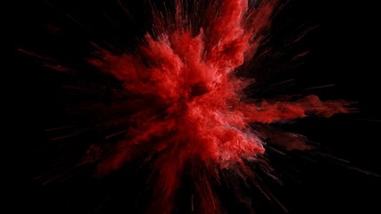cg animation of red powder explosion on black background. slow motion movement with acceleration in 