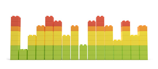 Poster - 3d rendering of multi-colored toy bricks making up high uneven towers or graphs on white background.