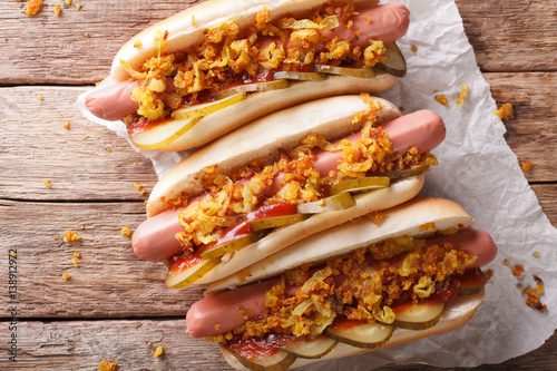 Cuadros en Lienzo Danish street food: hot dogs close-up. horizontal top view