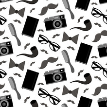 Vector Hipster Seamless Pattern With Fashion Sunglasses, Vintage Camera, Tobacco Pipe And Mustache In Trendy Flat Style