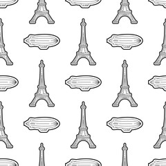 Seamless pattern black on a white background with the image of the symbol of France and Paris the Eiffel tower, in a linear fashion