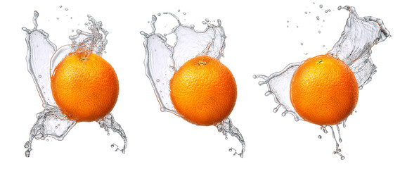 Wall Mural - Water splash and fruits isolated on white backgroud. Fresh orange
