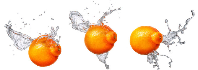 Canvas Print - Water splash and fruits isolated on white backgroud. Fresh mandarin