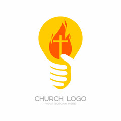 Church logo. Christian symbols. Lamp, light of the world - the Cross of Jesus Christ.