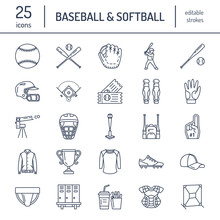 Baseball, Softball Sport Game Vector Line Icons. Ball, Bat, Field, Helmet, Pitching Machine, Catcher Mask. Linear Signs Set, Championship Pictograms With Editable Stroke For Event, Equipment Store.