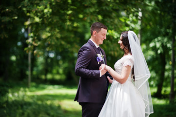 Wall Mural - Magnificent wedding couple background green park in love.