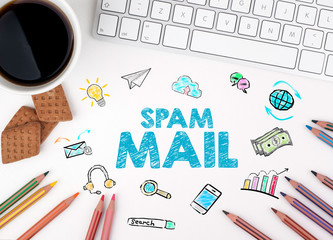 Wall Mural - Spam Mail, Business concept. Computer keyboard and a coffee mug on a white table