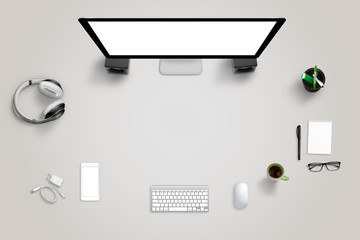 Leinwandbilder - Desk with technology devices with free space for text. Top view of computer display, mobile phone, keyboard, mouse, headset, pad, glasses, coffee, pens.