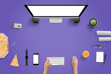Leinwandbilder - Purple office desk with computer, mobile phone and smart watch. Top view with free space for text. Pizza, juice, digital camera, glasses, pad, projects beside.