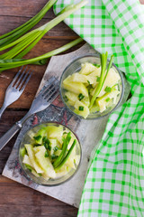 Two servings of vegetarian salad from fresh radish and green onion, top view