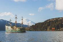 Japan, Hakone, Tourist Boats On Lake Ashi Mount Fuji In Background