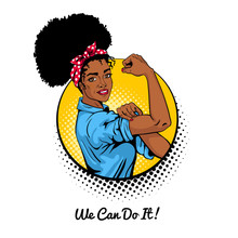 We Can Do It. Pop Art Sexy Strong African Girl In A Circle On White Background. Classical American Symbol Of Female Power, Woman Rights, Protest, Feminism. Vector Illustration In Retro Comic Style.