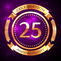 Wall Mural - Twenty five years anniversary celebration with golden ring and ribbon on purple background.