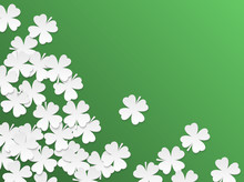Green St. Patrick Day Background With Clover Four-leaf Flat White Paper Cut Leaves. Vector Simple Design