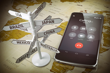 Aufkleber - Global communication, calls abroad, roaming concept. Mobile phone and signboard with different directions on map of the world.