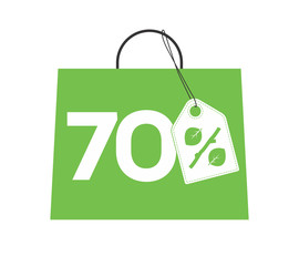 Wall Mural - Green shopping bag with 70% text and percent design with leaf and stick price tag label on it isolated on white background. For spring sale campaigns.