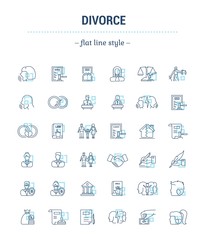  Vector set of icons in linear design. Divorce and the legal process. Elements of property division, child custody, alimony, infidelity, lawsuits and divorce. template for website, advertising.