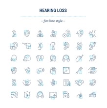 Vector Graphic Set. Icons In Flat, Contour,thin, Minimal And Linear Design.Hearing Loss. People With Disabilities. Simple Isolated Icons.Concept Of Web Site And App.Sign,symbol, Elements.