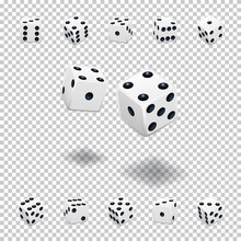 Dice Gambling Template. White Cubes In Different Positions On Transparent Background. Vector Illustration.