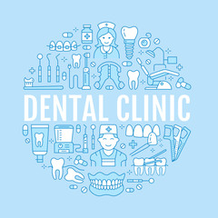 Wall Mural - Dentist, orthodontics medical banner with vector line icon of dental care equipment, braces, tooth prosthesis, veneers, floss, caries treatment. Health care thin linear poster for dentistry clinic.