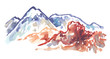 Mountain landscape scenery painted in watercolor on clean white background
