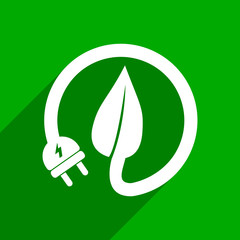 Poster - Green natural clean energy plug and leaf flat design vector web icon.