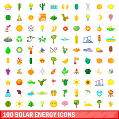 Wall Mural - 100 solar energy icons set, cartoon style