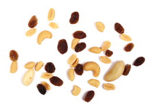 Healthy Food, Pile Of Mixed Nuts, Cashews, Peanuts, Hazelnut, Raisins, Brazilian Nut, Almond, Isolated On White