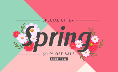 Wall Mural - spring sale background banner with beautiful colorful flower. vector illustration.