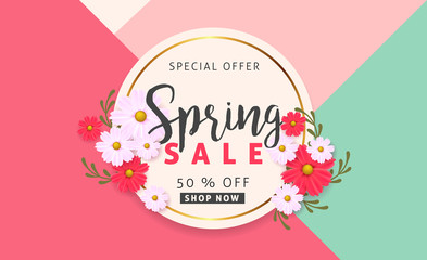 Wall Mural - spring sale background banner with beautiful colorful flower. vector illustration.