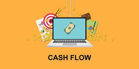 Fototapete - cashflow concept illustration with laptop and money om screen with gold coin, goals target, paperwork as background that falling from sky