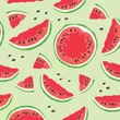 Slice of watermelon / Seamless vector pattern with watermelon slices on light green background