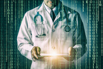 doctor with stethoscope and tablet computer on black background, still life style, technology binary